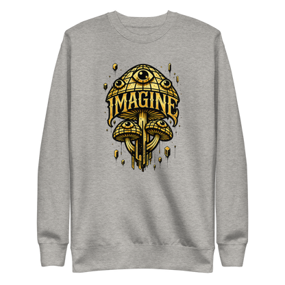 Grauer Pullover mit goldenen Pilzen mit Augen bedruckt und dem Schriftzug Imagine