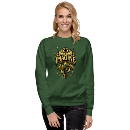 Frau trägt waldgrünen Pullover mit goldenen Pilzen mit Augen bedruckt und dem Schriftzug Imagine