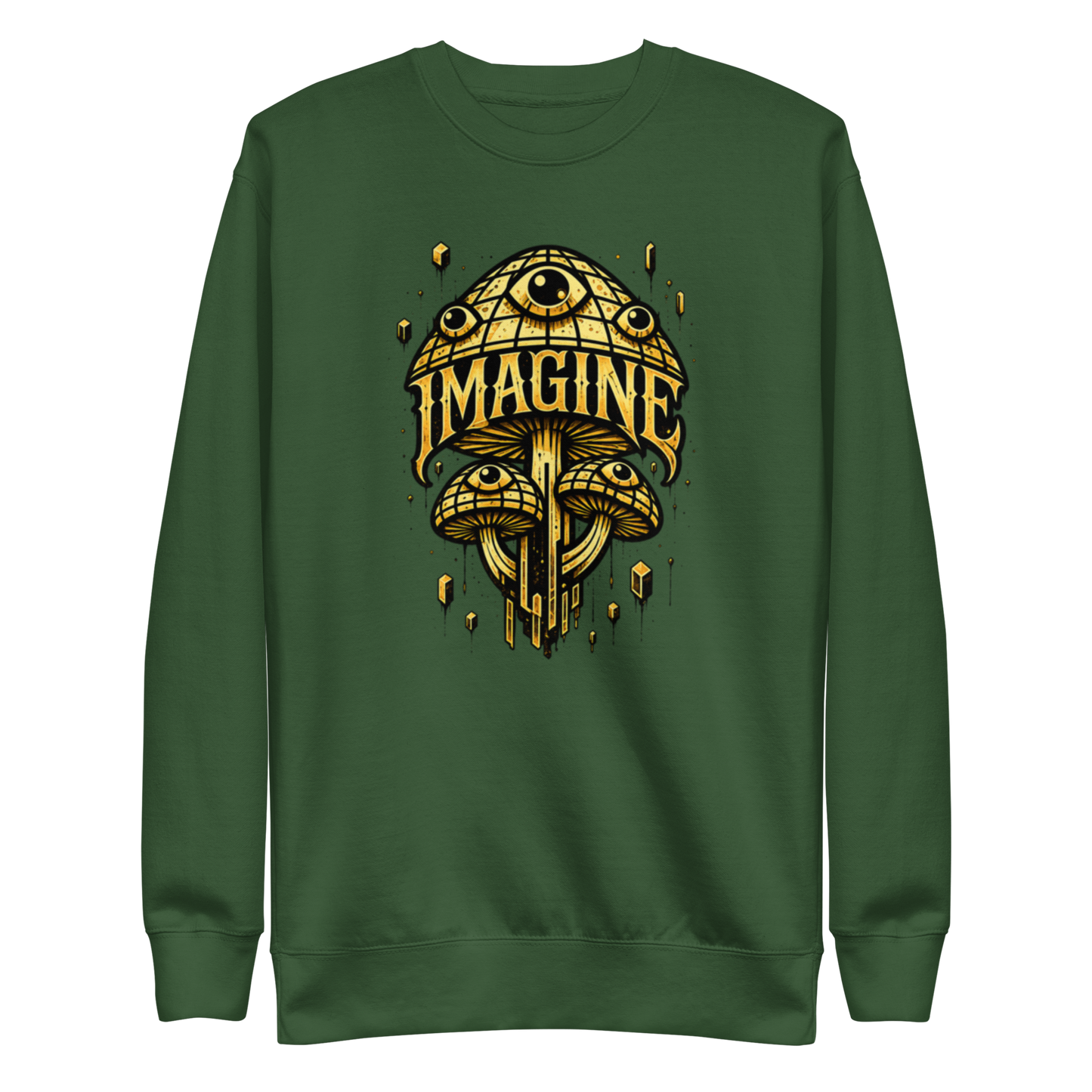 Waldgrüner Pullover mit goldenen Pilzen mit Augen bedruckt und dem Schriftzug Imagine
