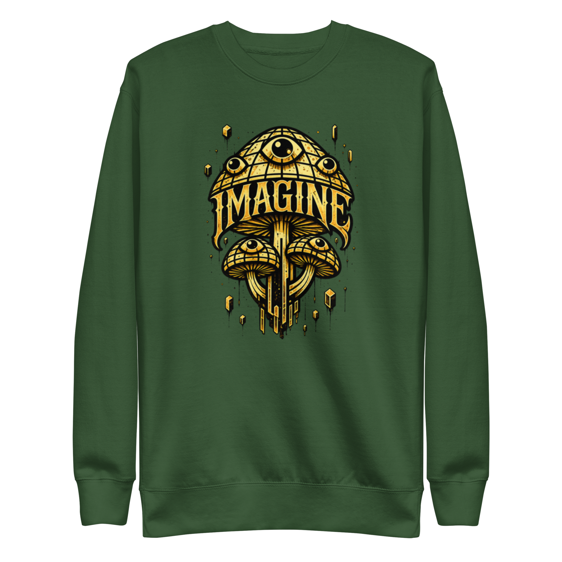 Waldgrüner Pullover mit goldenen Pilzen mit Augen bedruckt und dem Schriftzug Imagine
