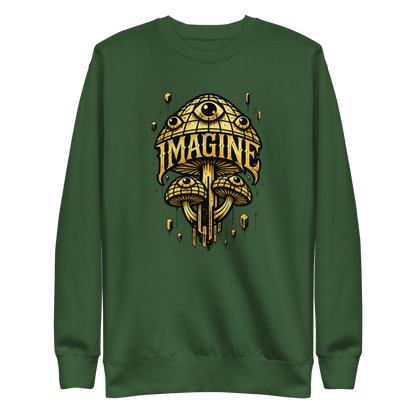 Waldgrüner Pullover mit goldenen Pilzen mit Augen bedruckt und dem Schriftzug Imagine