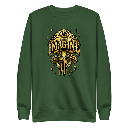 Waldgrüner Pullover mit goldenen Pilzen mit Augen bedruckt und dem Schriftzug Imagine