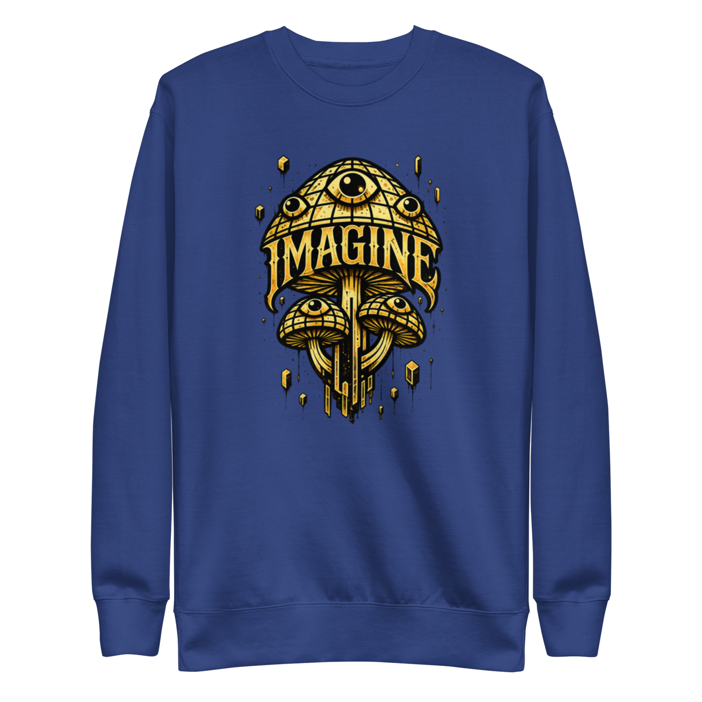 Blauer Pullover mit goldenen Pilzen mit Augen bedruckt und dem Schriftzug Imagine