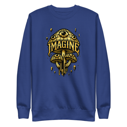 Blauer Pullover mit goldenen Pilzen mit Augen bedruckt und dem Schriftzug Imagine