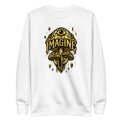 Weißer Pullover mit goldenen Pilzen mit Augen bedruckt und dem Schriftzug Imagine