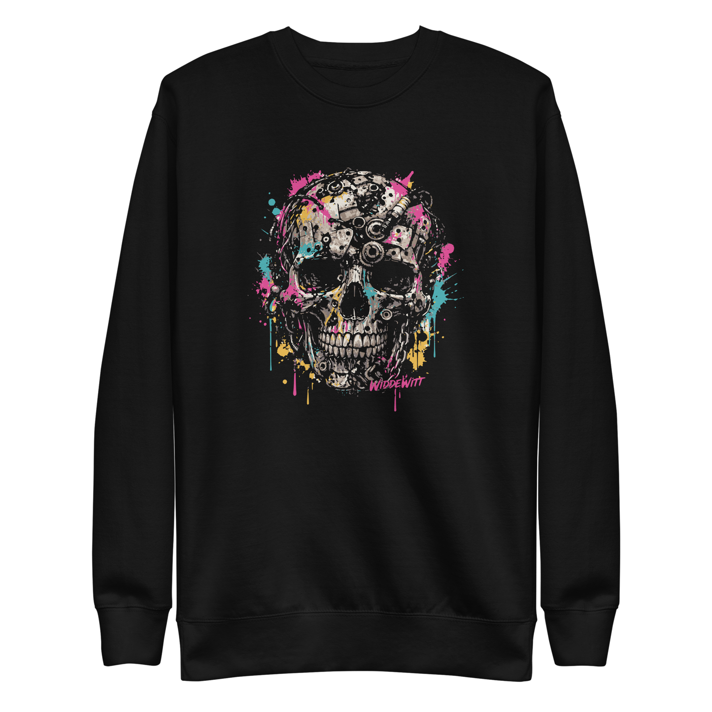 Schwarzer Pullover mit Totenkopf aus Metallteilen und bunten Farbspritzern bedruckt