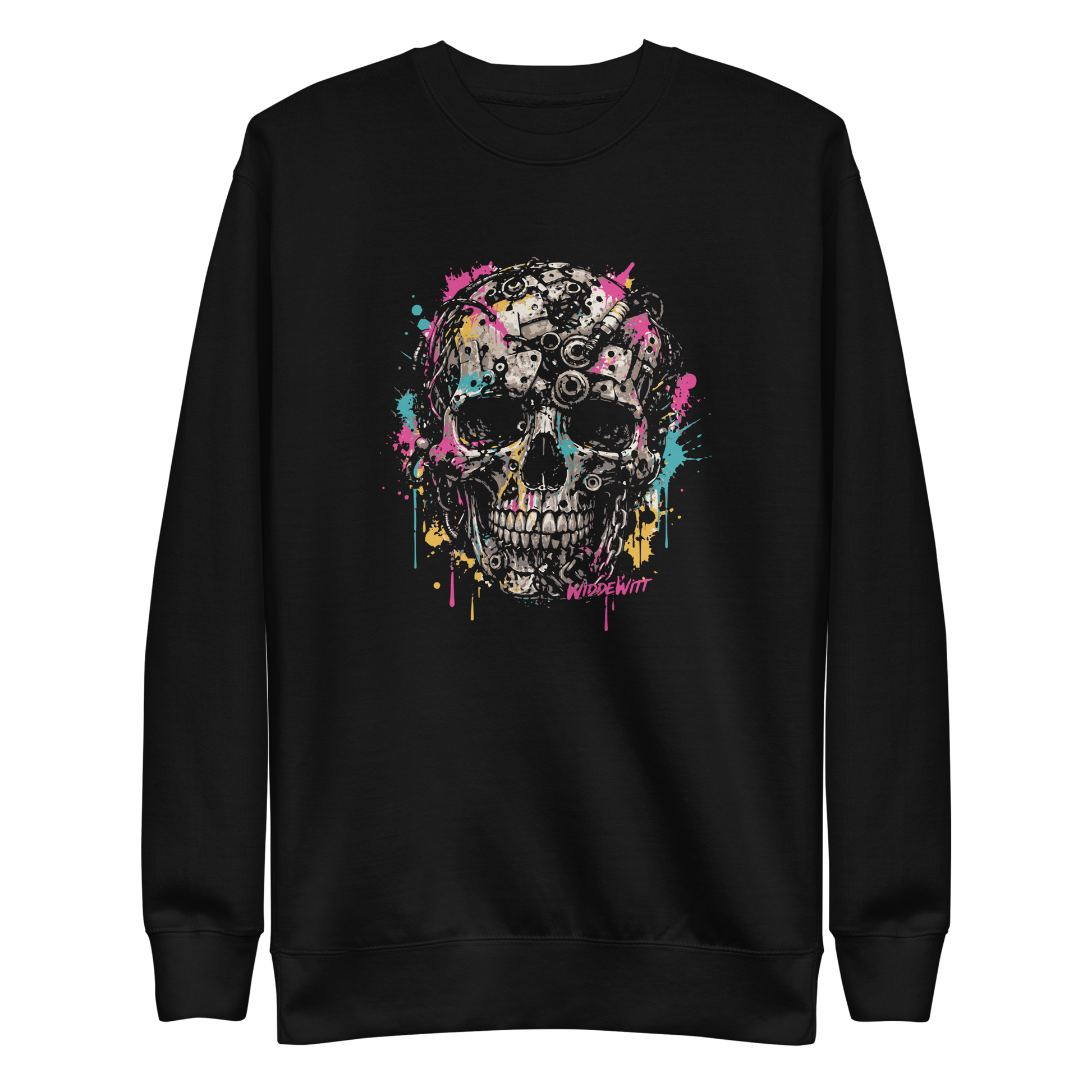 Schwarzer Pullover mit Totenkopf aus Metallteilen und bunten Farbspritzern bedruckt