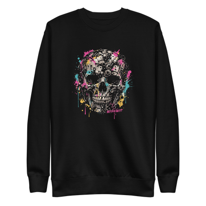 Schwarzer Pullover mit Totenkopf aus Metallteilen und bunten Farbspritzern bedruckt