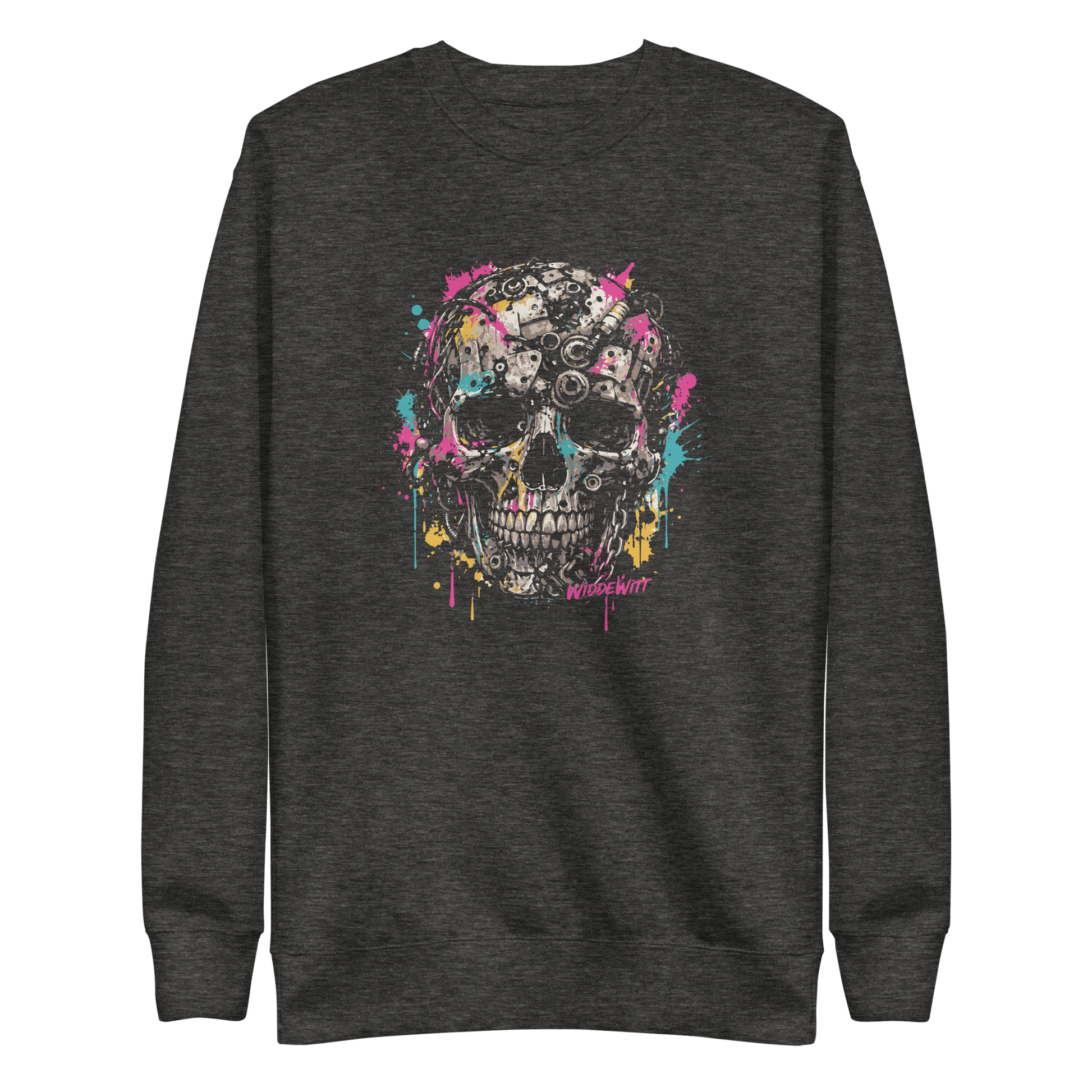 Grauer Pullover mit Totenkopf aus Metallteilen und bunten Farbspritzern bedruckt