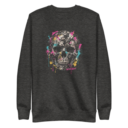 Grauer Pullover mit Totenkopf aus Metallteilen und bunten Farbspritzern bedruckt
