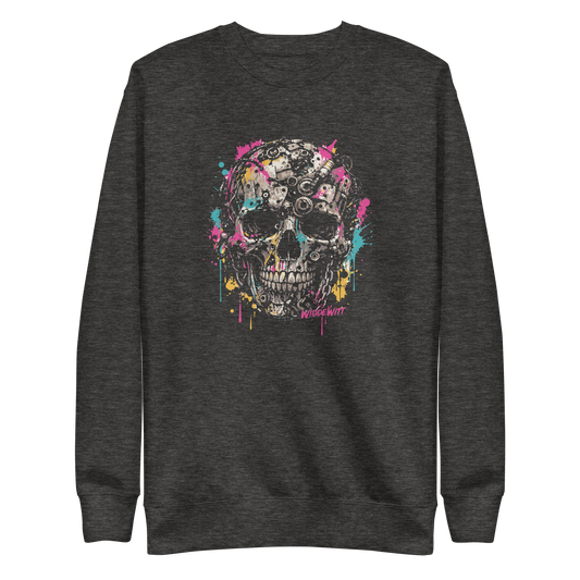 Grauer Pullover mit Totenkopf aus Metallteilen und bunten Farbspritzern bedruckt