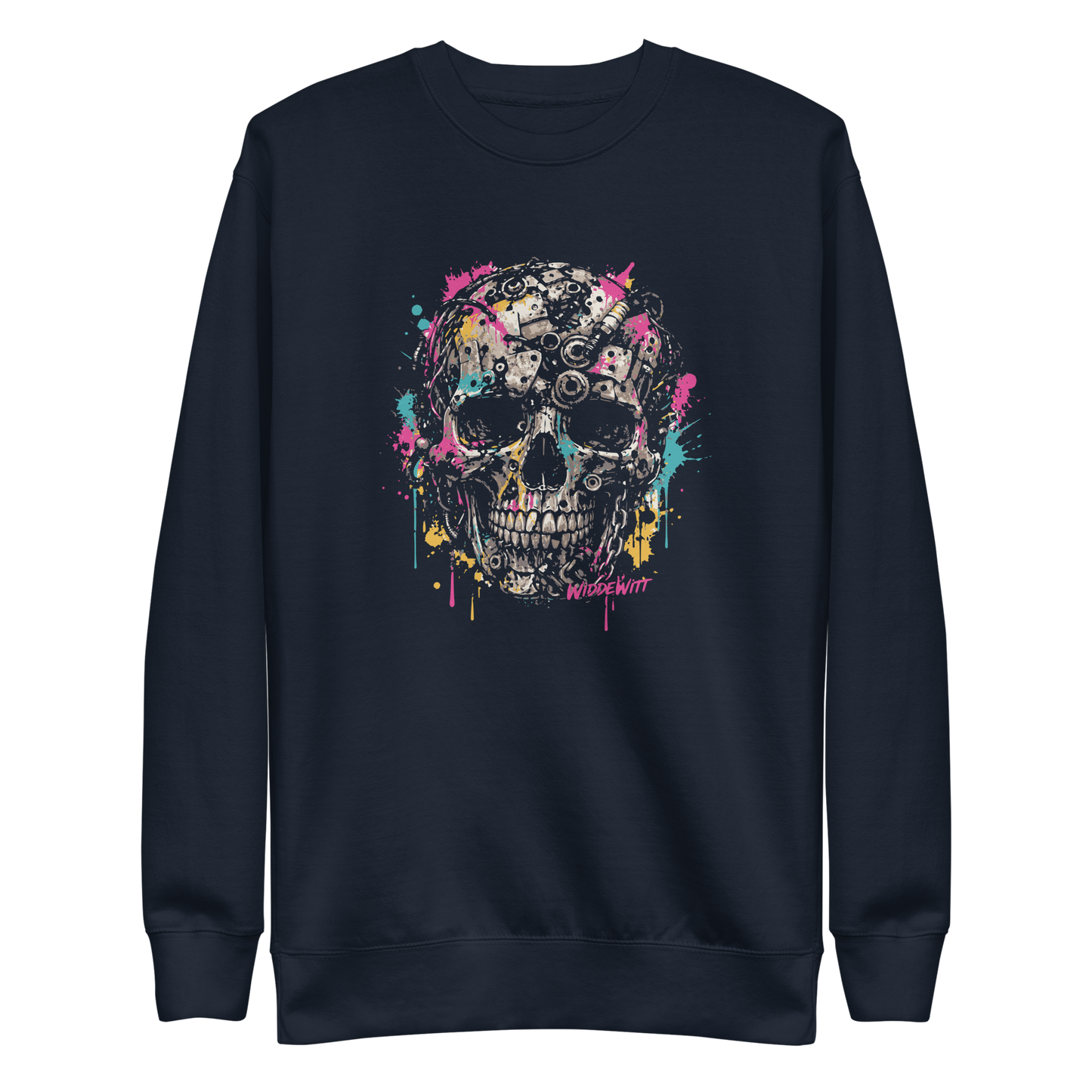 Navy Pullover mit Totenkopf aus Metallteilen und bunten Farbspritzern bedruckt