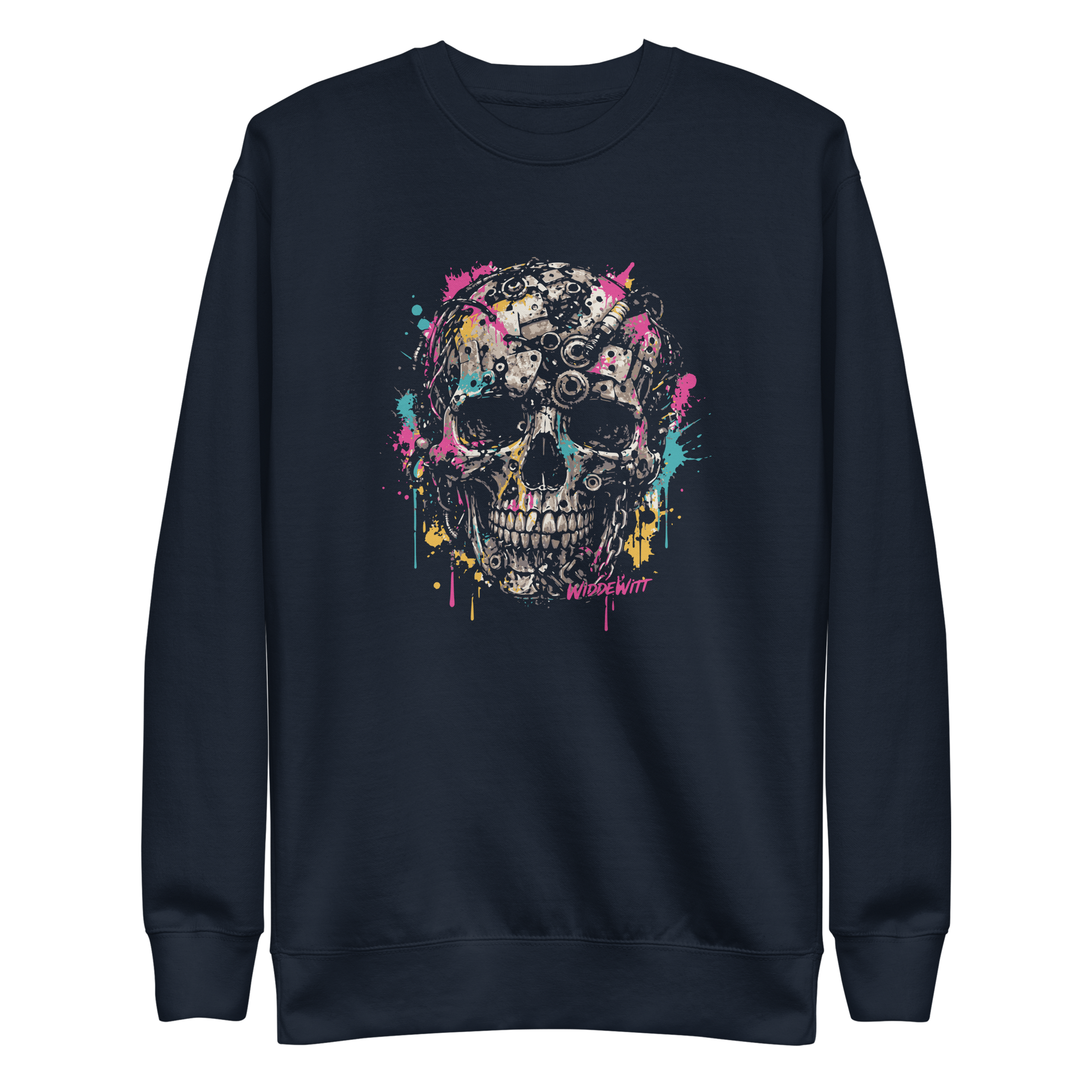 Navy Pullover mit Totenkopf aus Metallteilen und bunten Farbspritzern bedruckt