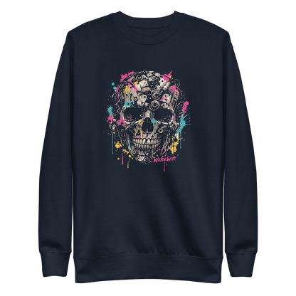 Navy Pullover mit Totenkopf aus Metallteilen und bunten Farbspritzern bedruckt