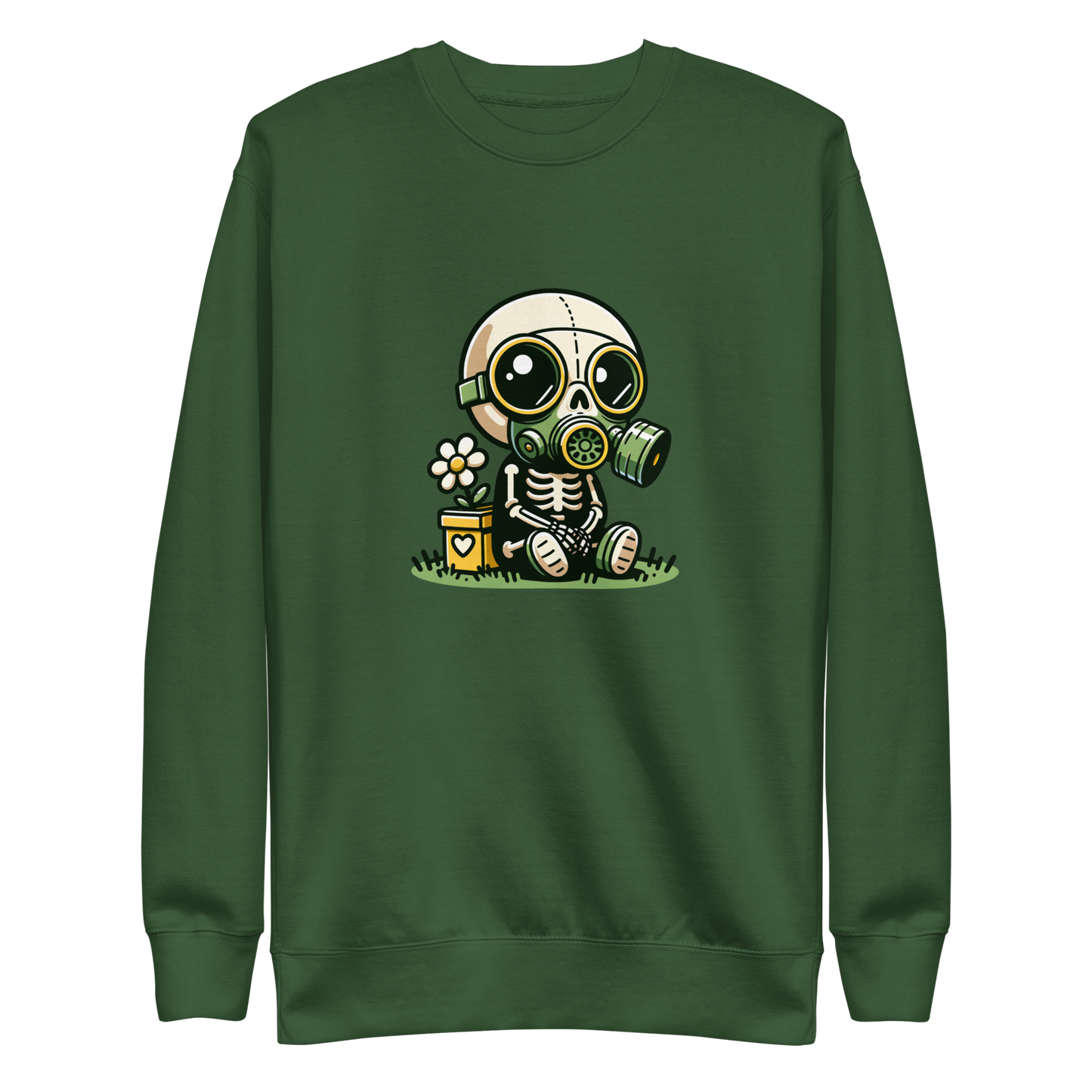 Grüner Unisex Pullover mit Skelettmännchen das Gasmaske trägt als Frontprint