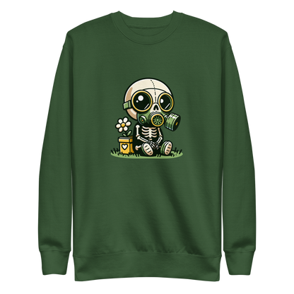 Grüner Unisex Pullover mit Skelettmännchen das Gasmaske trägt als Frontprint