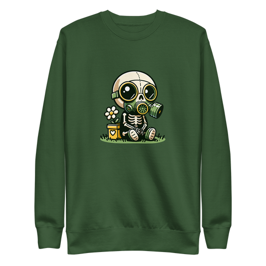 Grüner Unisex Pullover mit Skelettmännchen das Gasmaske trägt als Frontprint