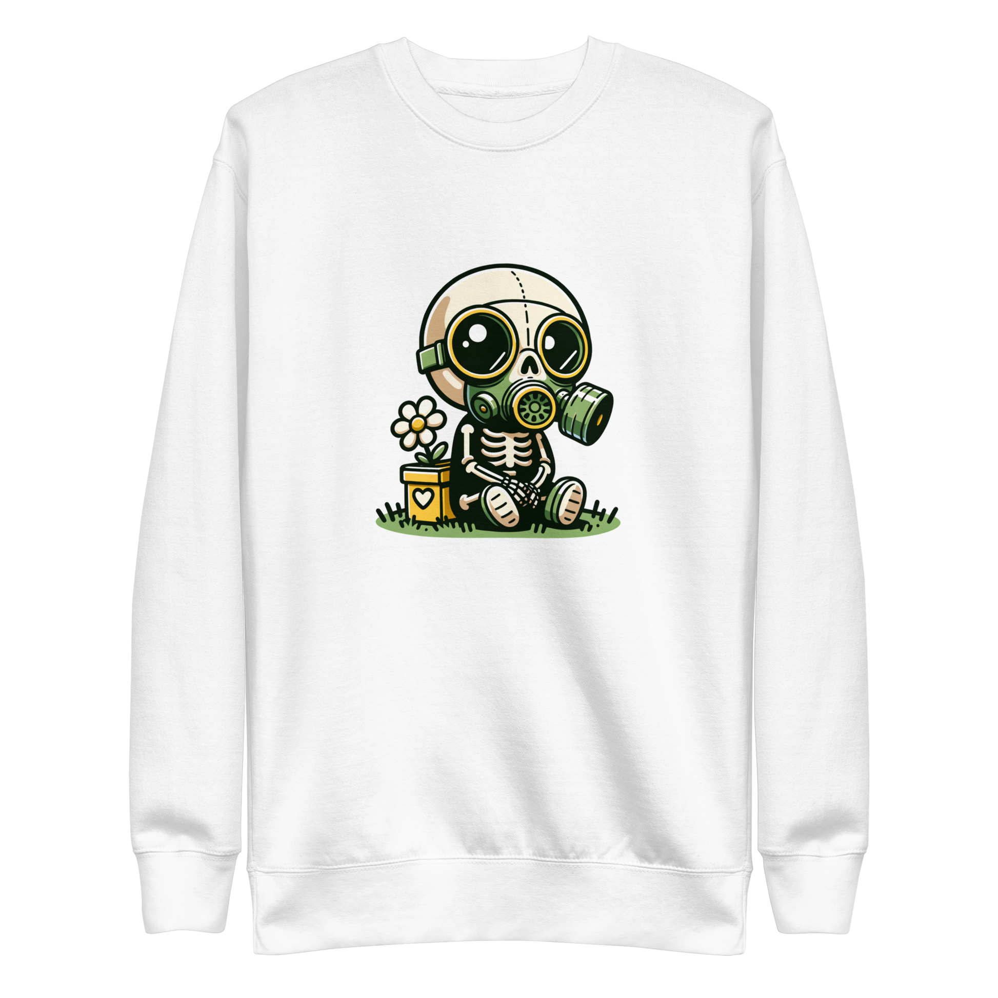 Weisser Unisex Pullover mit Skelettmännchen das Gasmaske trägt als Frontprint