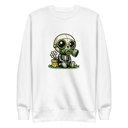 Weisser Unisex Pullover mit Skelettmännchen das Gasmaske trägt als Frontprint