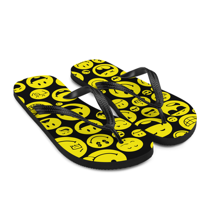 Schwarze Flip-Flops mit verschiedenen gelben Smileys Seitenansicht
