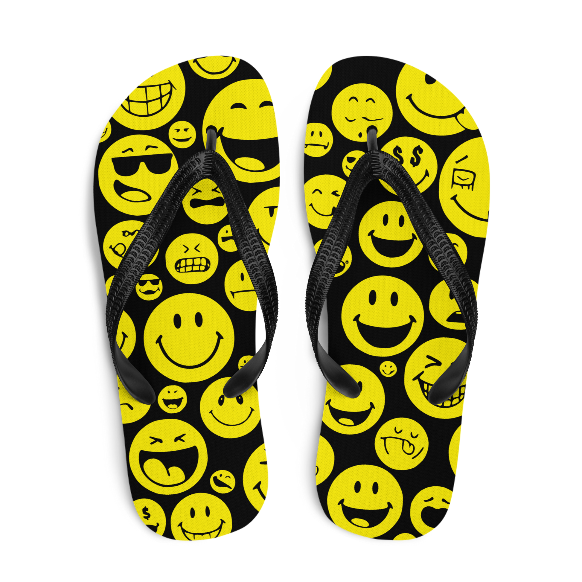 Schwarze Flip-Flops mit verschiedenen gelben Smileys