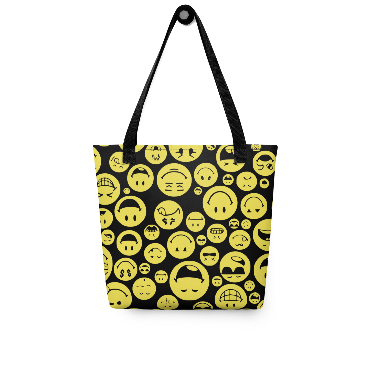 Allover Stoffbeutel mit vielen gelben auf dem kopf stehenden verschiedenen Smileys bedruckt