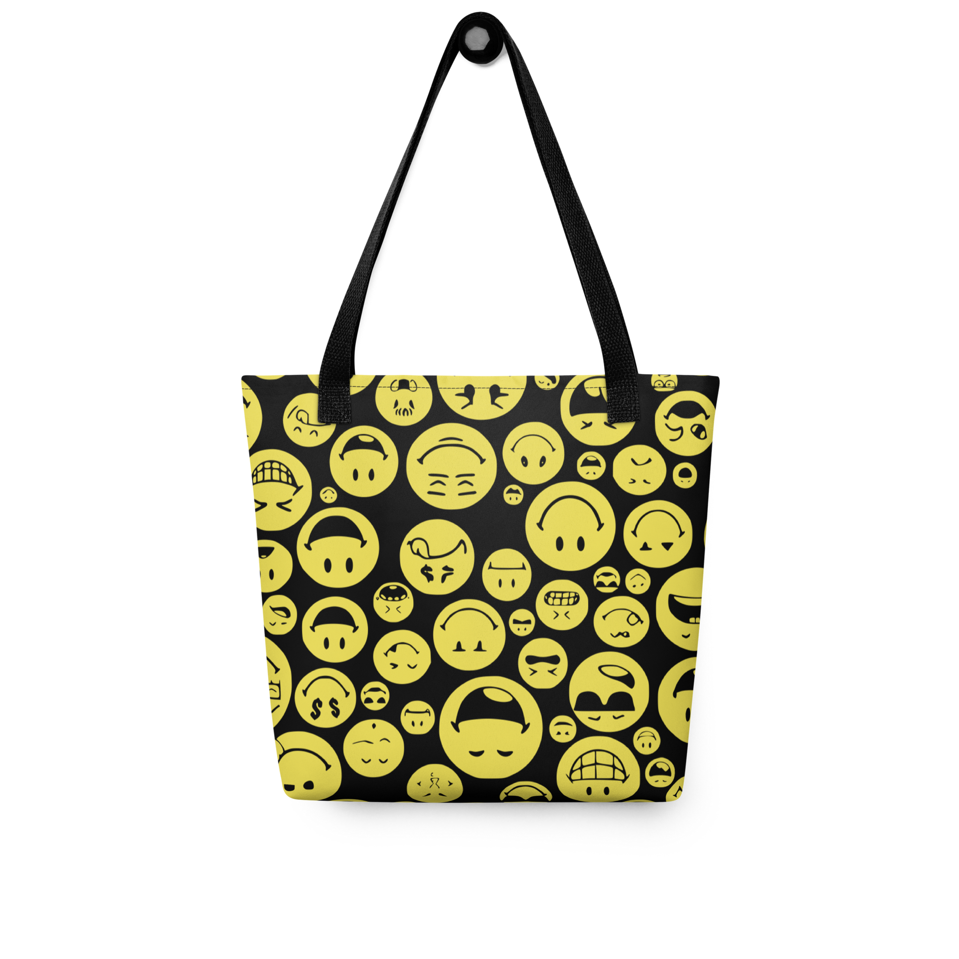 Allover Stoffbeutel mit vielen gelben auf dem kopf stehenden verschiedenen Smileys bedruckt
