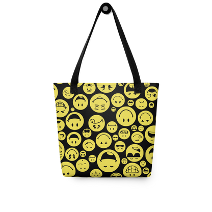 Allover Stoffbeutel mit vielen gelben auf dem kopf stehenden verschiedenen Smileys bedruckt