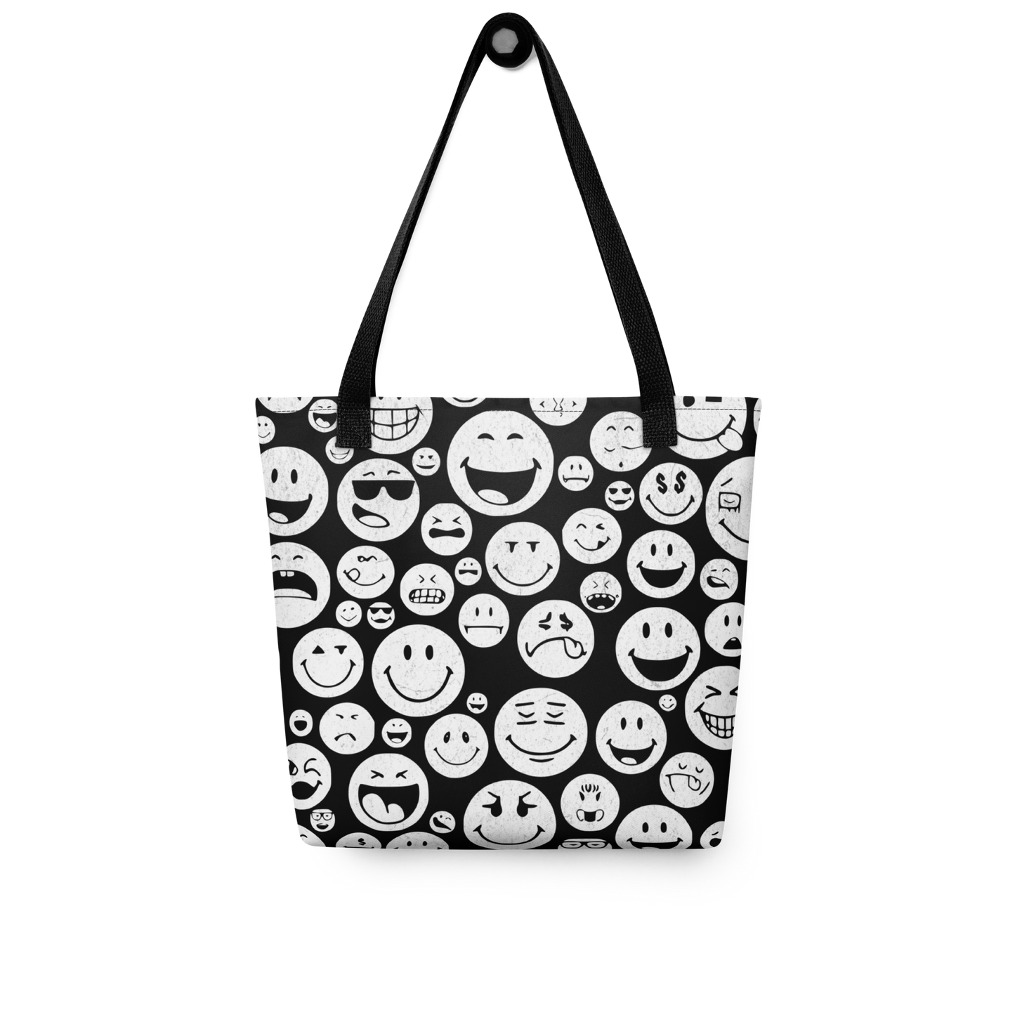 Allover Stoffbeutel mit vielen weißen verschiedenen Smileys bedruckt