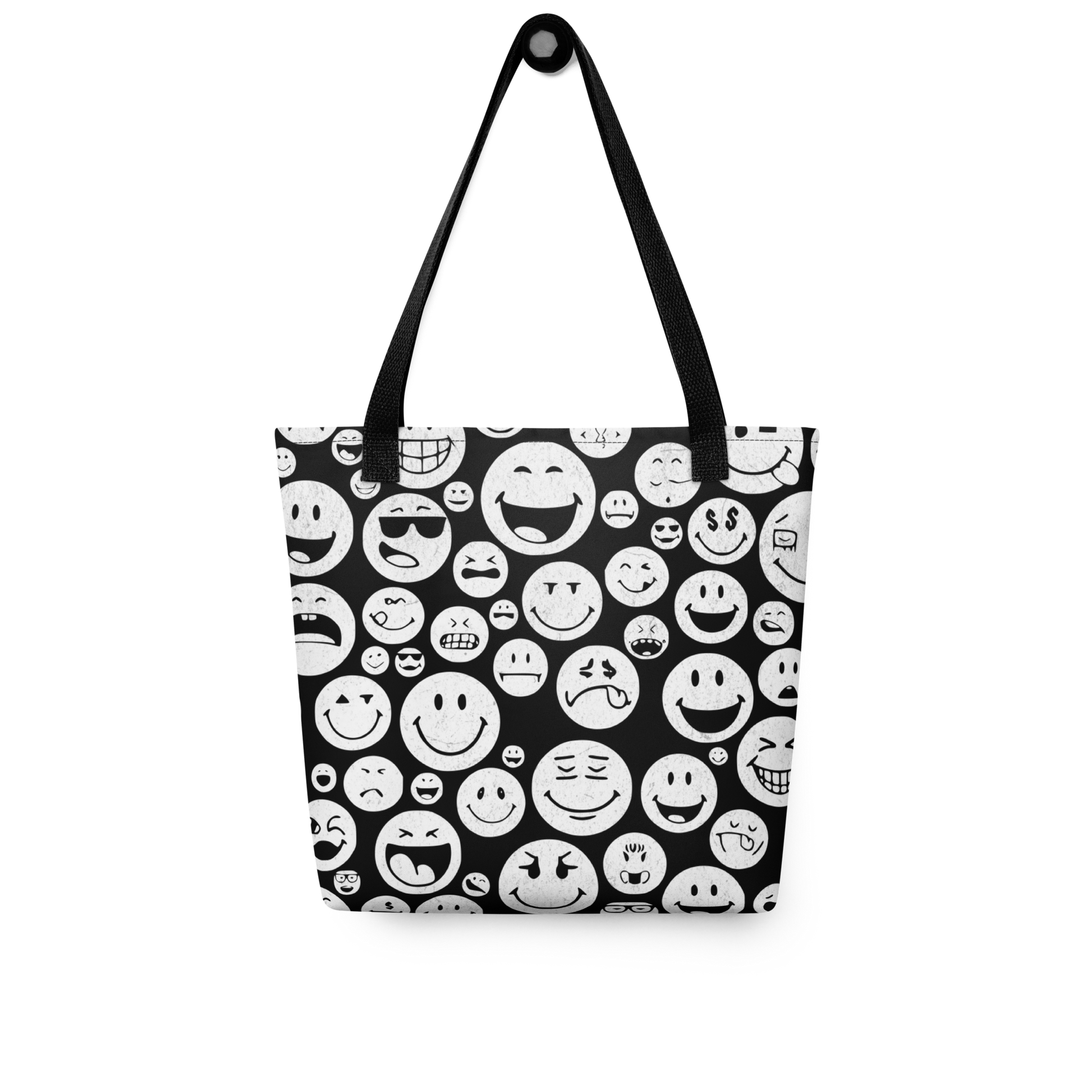 Allover Stoffbeutel mit vielen weißen verschiedenen Smileys bedruckt