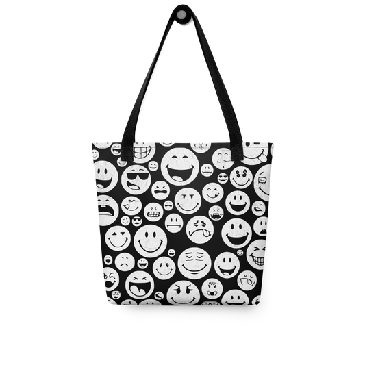 Allover Stoffbeutel mit vielen weißen verschiedenen Smileys bedruckt