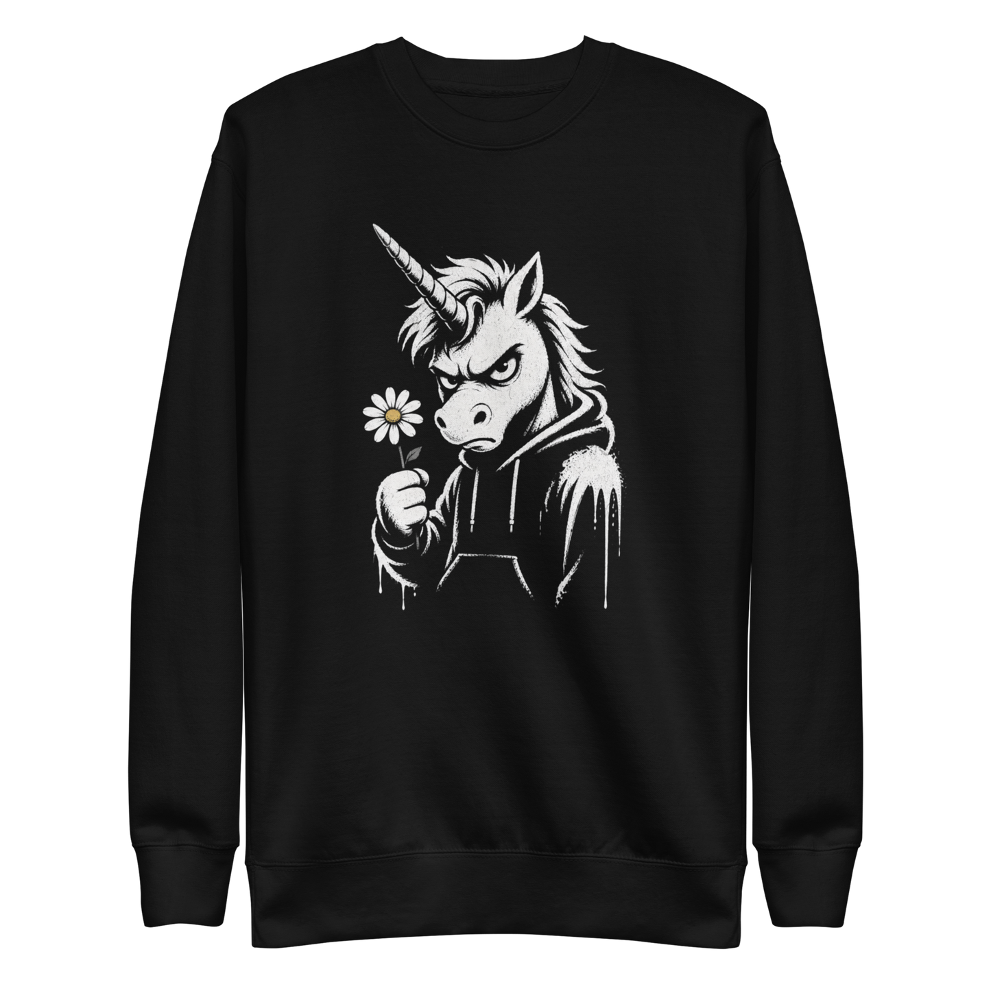Schwarzer Pullover mit Einhorn das grimmig guckt und ein Gänseblümchen in der Hand hält im Streetart Style