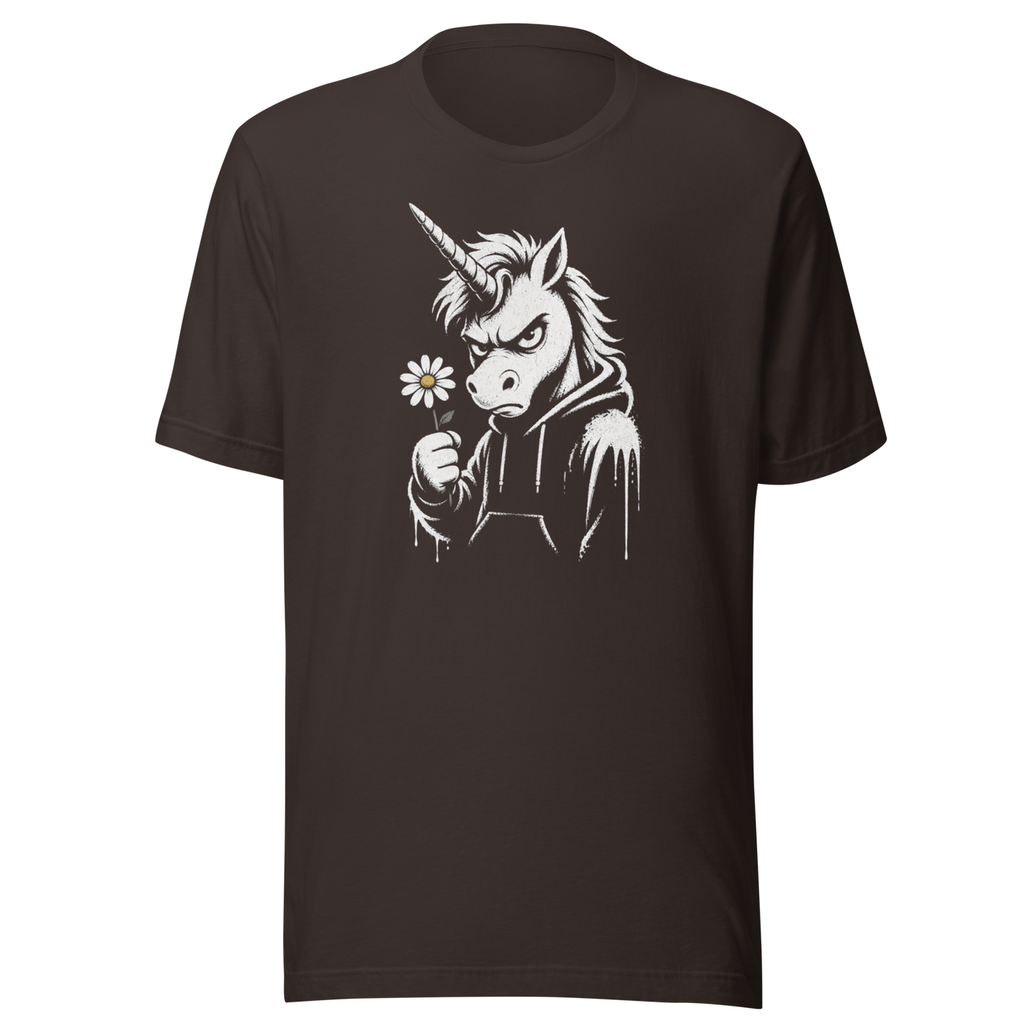 Braunes T-Shirt mit Einhorn das grimmig guckt und Gänseblümchen hält im Streetart Style