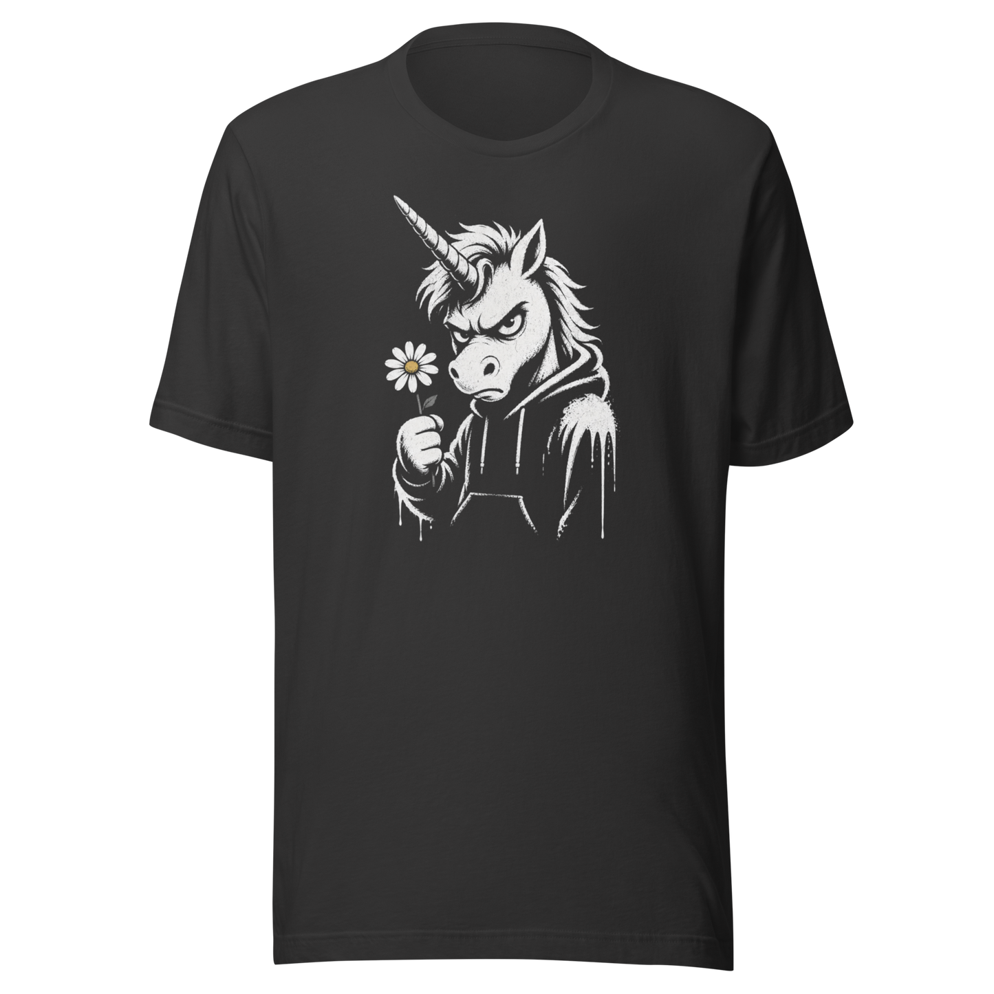 Graues T-Shirt mit Einhorn das grimmig guckt und Gänseblümchen hält im Streetart Style