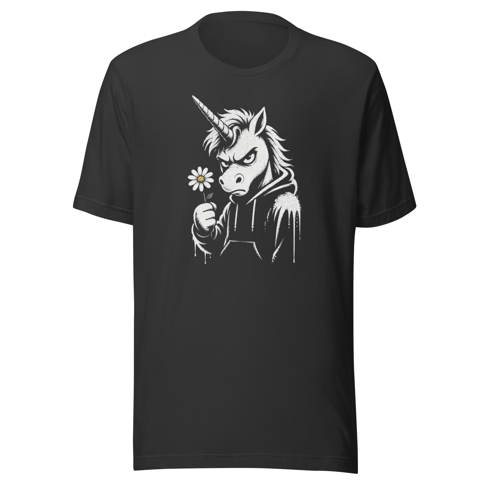 Graues T-Shirt mit Einhorn das grimmig guckt und Gänseblümchen hält im Streetart Style