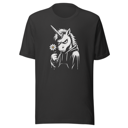 Graues T-Shirt mit Einhorn das grimmig guckt und Gänseblümchen hält im Streetart Style