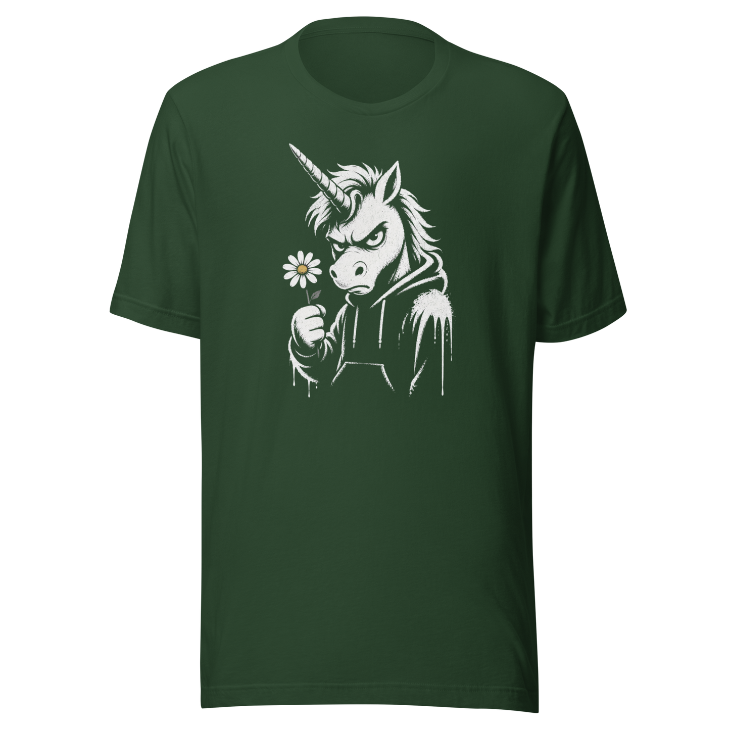 Grünes T-Shirt mit Einhorn das grimmig guckt und Gänseblümchen hält im Streetart Style