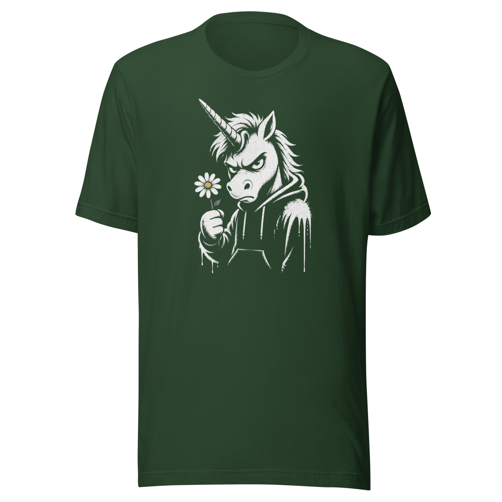 Grünes T-Shirt mit Einhorn das grimmig guckt und Gänseblümchen hält im Streetart Style