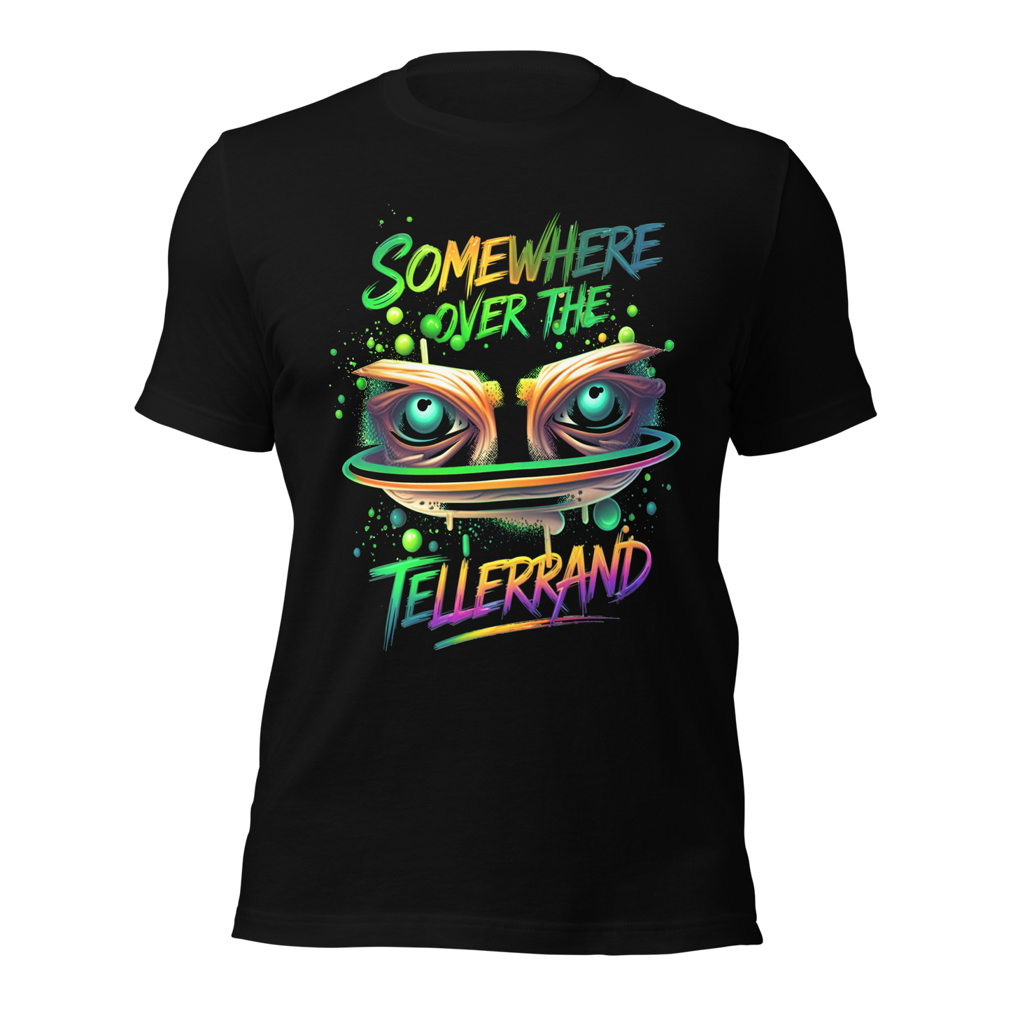 Schwarzes T-Shirt mit buntem Somewhere over the Tellerrand Spruch und Augen die über Tellerrand schauen