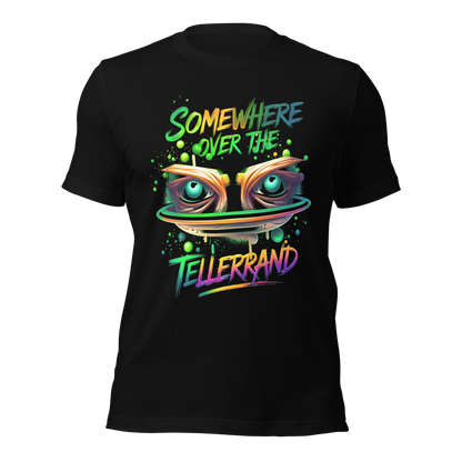 Schwarzes T-Shirt mit buntem Somewhere over the Tellerrand Spruch und Augen die über Tellerrand schauen
