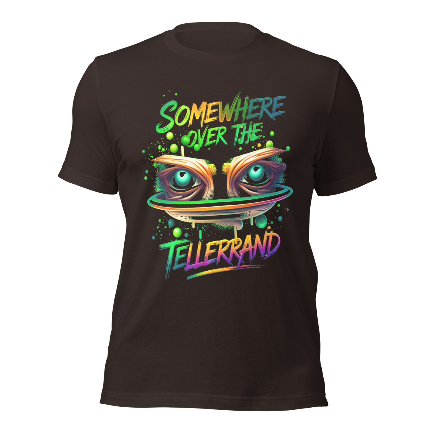 Braunes T-Shirt mit buntem Somewhere over the Tellerrand Spruch und Augen die über Tellerrand schauen