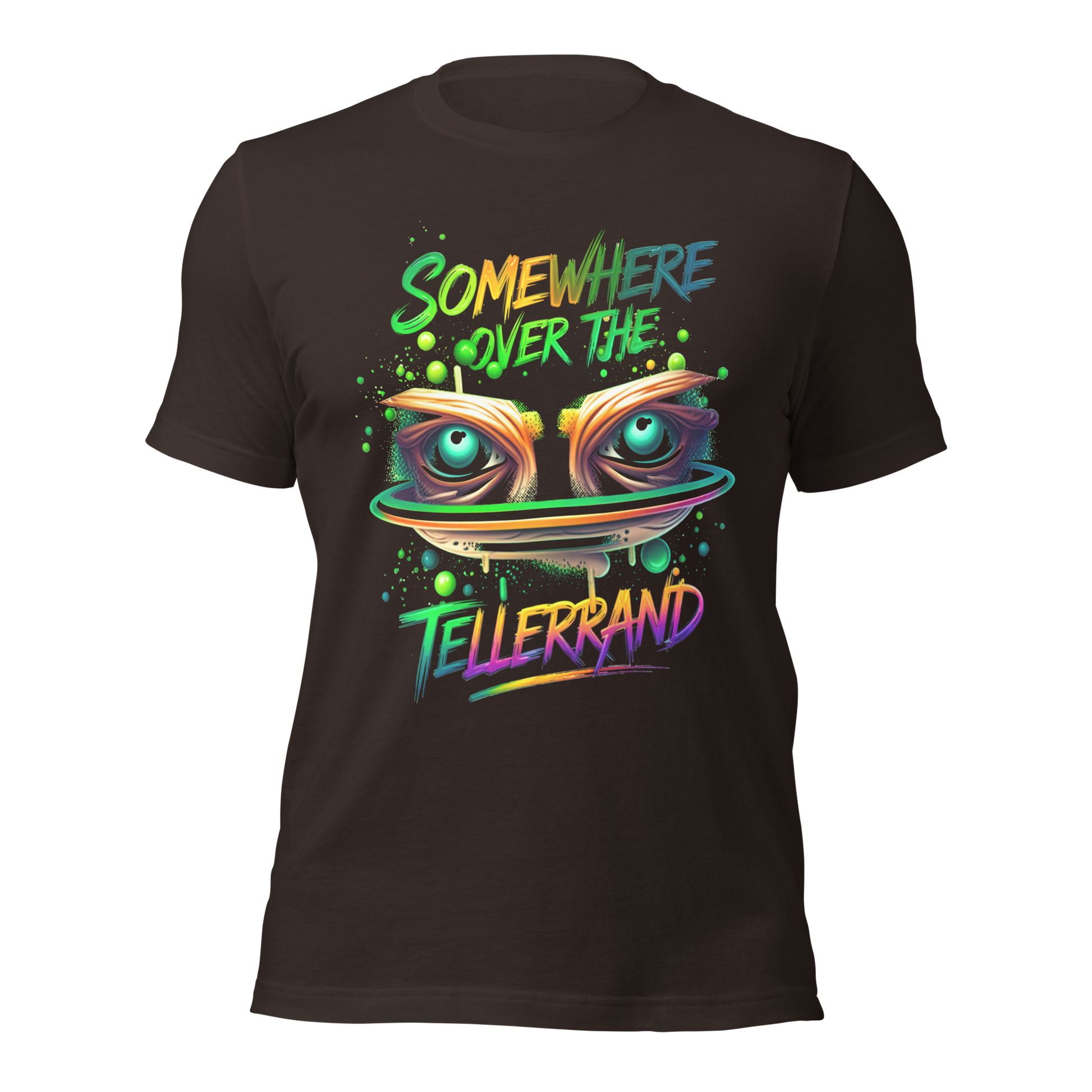 Braunes T-Shirt mit buntem Somewhere over the Tellerrand Spruch und Augen die über Tellerrand schauen