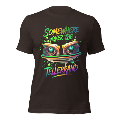 Braunes T-Shirt mit buntem Somewhere over the Tellerrand Spruch und Augen die über Tellerrand schauen