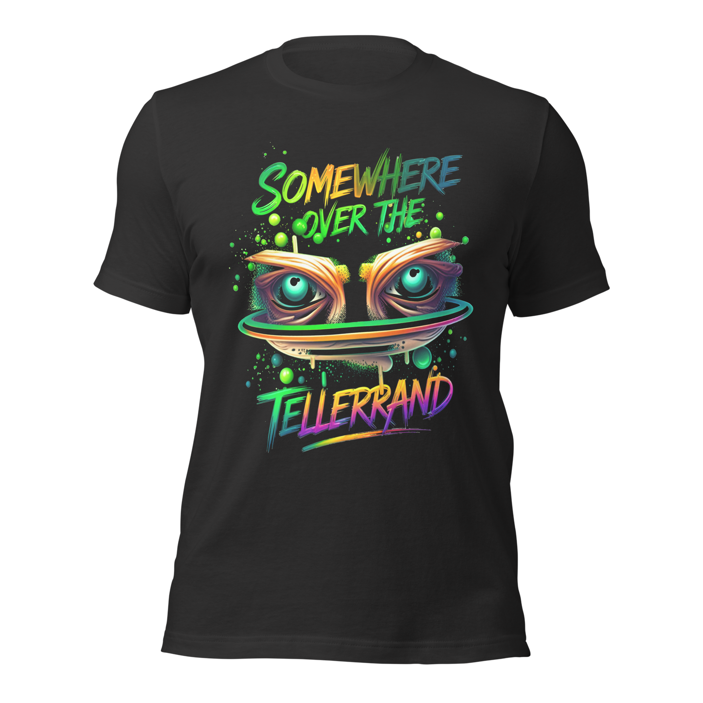 Dunkelgraues T-Shirt mit buntem Somewhere over the Tellerrand Spruch und Augen die über Tellerrand schauen