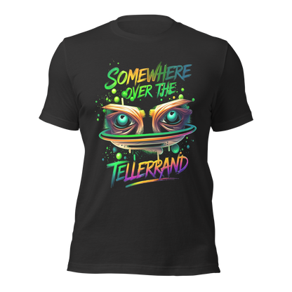 Dunkelgraues T-Shirt mit buntem Somewhere over the Tellerrand Spruch und Augen die über Tellerrand schauen