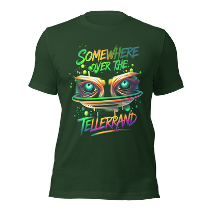 Waldgrünes T-Shirt mit buntem Somewhere over the Tellerrand Spruch und Augen die über Tellerrand schauen