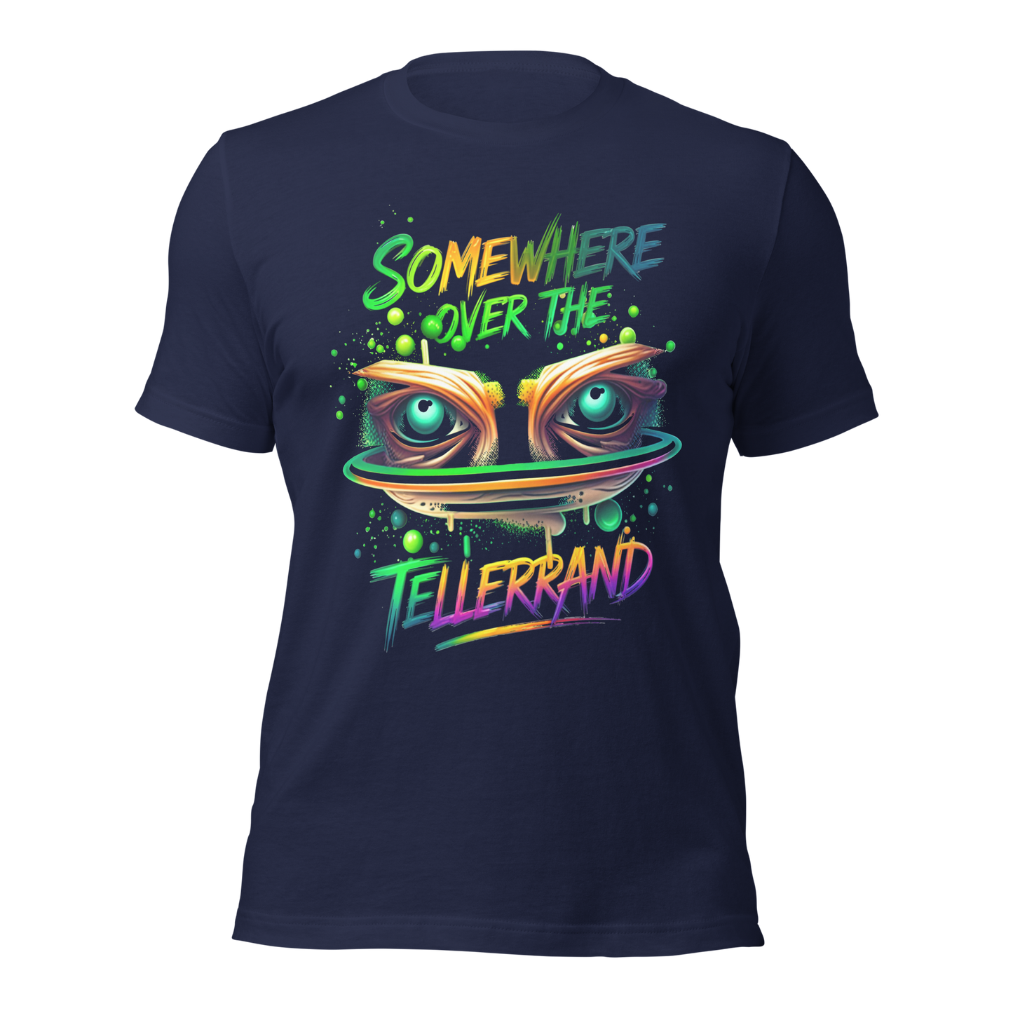 Navy T-Shirt mit buntem Somewhere over the Tellerrand Spruch und Augen die über Tellerrand schauen