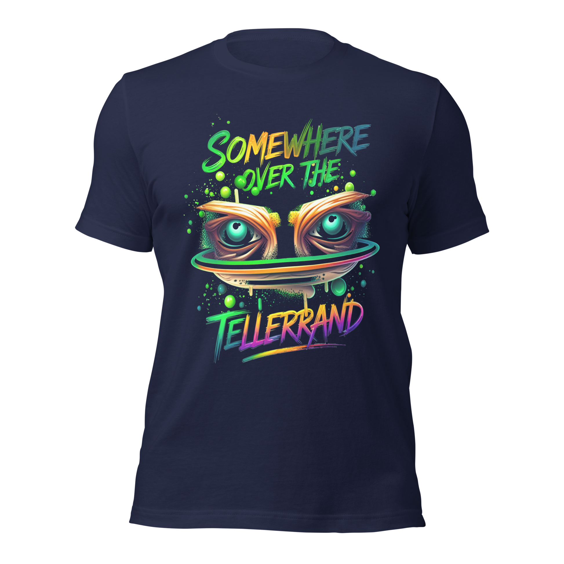 Navy T-Shirt mit buntem Somewhere over the Tellerrand Spruch und Augen die über Tellerrand schauen