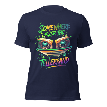 Navy T-Shirt mit buntem Somewhere over the Tellerrand Spruch und Augen die über Tellerrand schauen