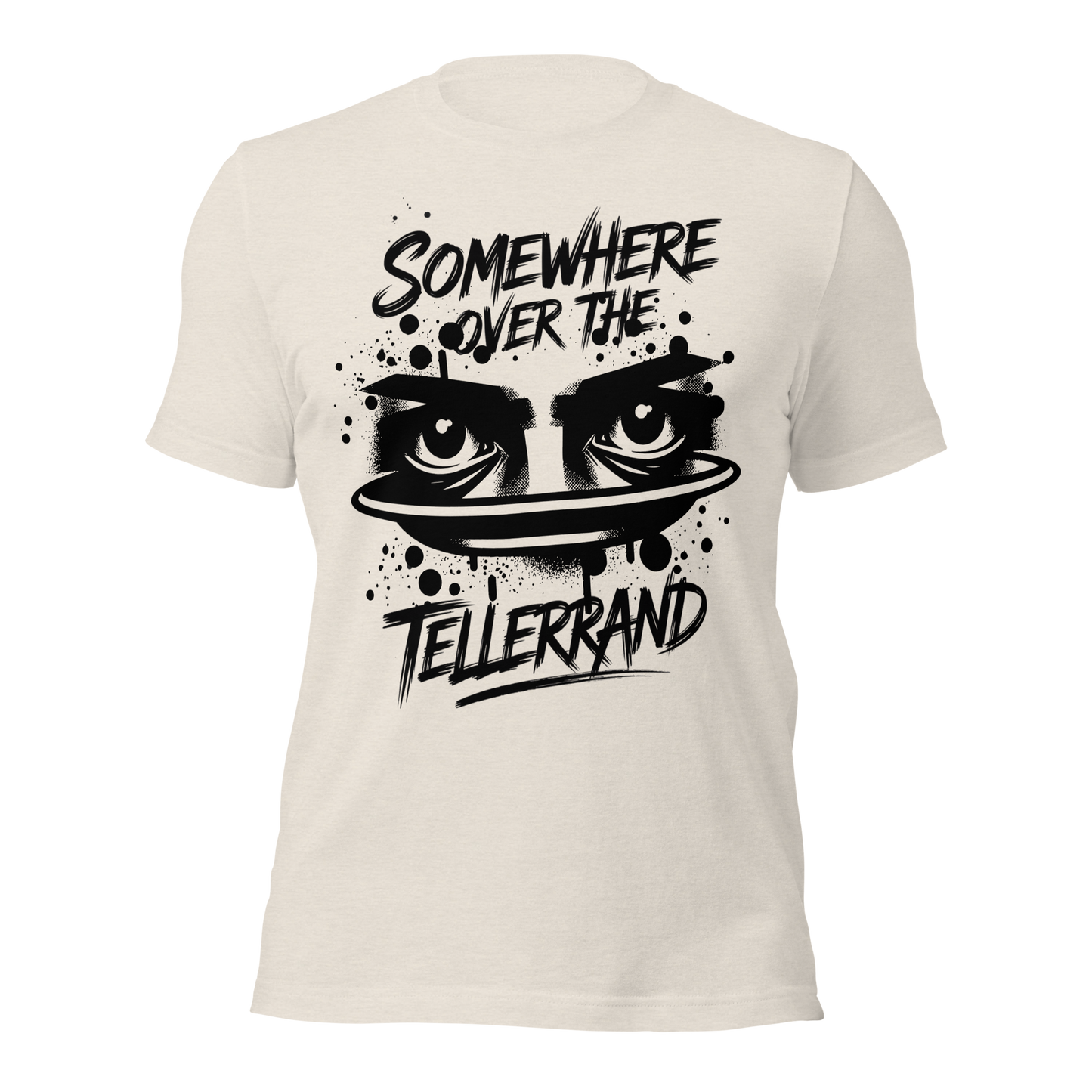 Staubfarbendes Unisex T-Shirt mit Somewhere over the Tellerrand Print und Augen die über Tellerrand schauen